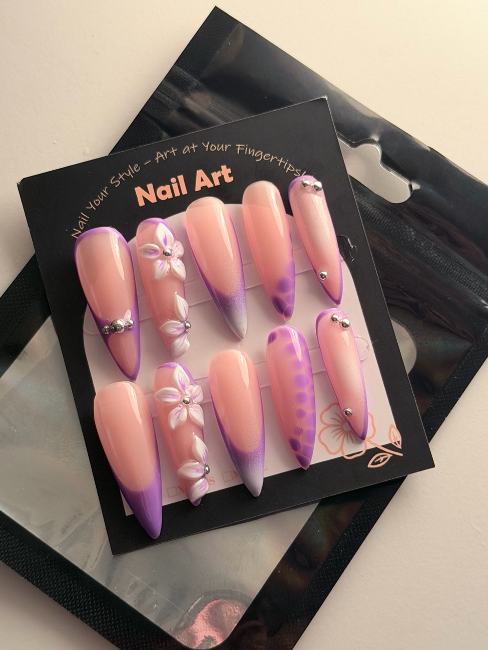 Press-On Nail Set Pink and Purple Floral Accent